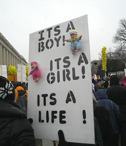 Sign, with attached baby-dolls, exclaims: 'Its a Boy!/Its a Girl!/Its a Life!