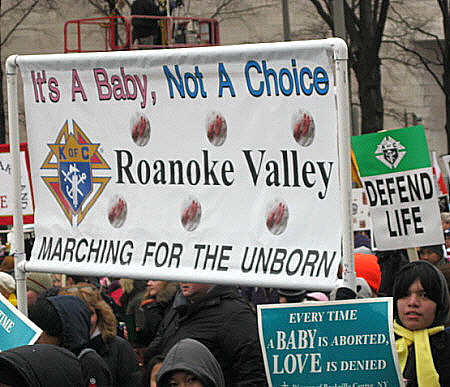 Knights of Columbus banner: 'It's a Baby, Not a Choice...Marching for the Unborn'