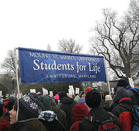 Blue-and-white banner of Mount St. Mary's University Students for Life