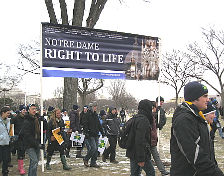 Students with Notre Dame Right to Life banner