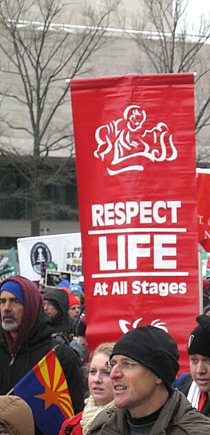 Red-and-white banner: 'Respect Life at All Stages'