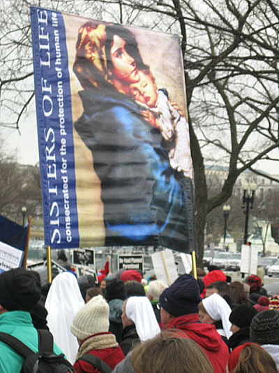 Sisters of Life with their banner