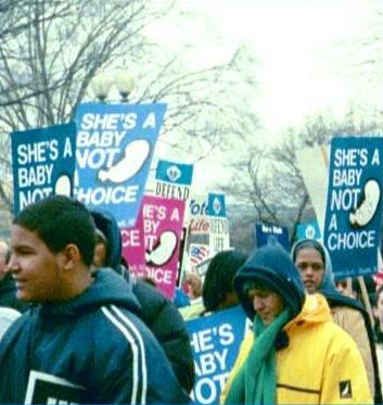 Demonstrators with signs' showing unborn child and procliaming: 'She's a Baby/Not a Choice'