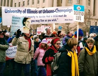 University of Illinois at Urbana-Champaign students and banner at the March for Life