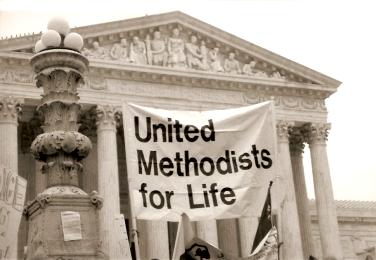 Banner of 'United Methodists for Life' at the Supreme Court